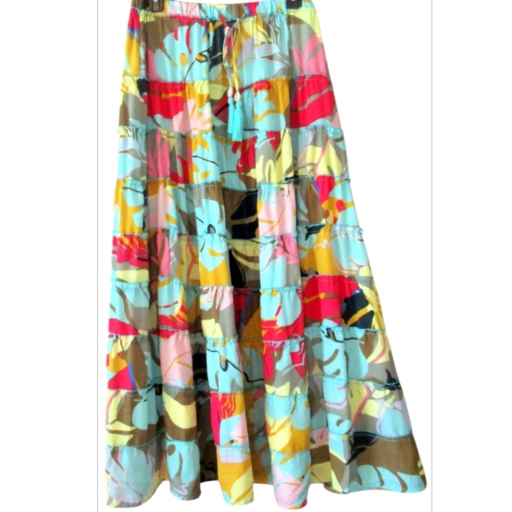 True Destinations Bohemian Resort Wear, Tiered Silky Tropical Gypsy Maxi Skirt S - Picture 1 of 7